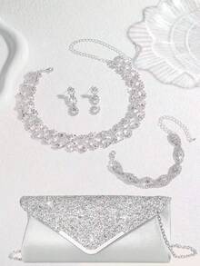 Conjunto de 5 piezas de joyería de strass dorado brillante, que incluye collar, aretes, pulsera, anillo, bolso de embrague para vestido de noche, bolso de sobre elegante para boda, bolso de hombro, bolso de mano, bolso multiusos con brillo para fiesta y cóctel, nueva cartera y bolso de banquete