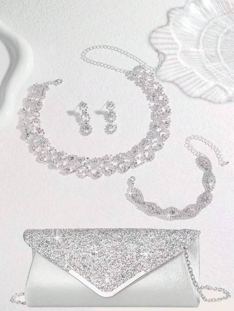 Conjunto de 5 piezas de joyería de strass dorado brillante, que incluye collar, aretes, pulsera, anillo, bolso de embrague para vestido de noche, bolso de sobre elegante para boda, bolso de hombro, bolso de mano, bolso multiusos con brillo para fiesta y cóctel, nueva cartera y bolso de banquete