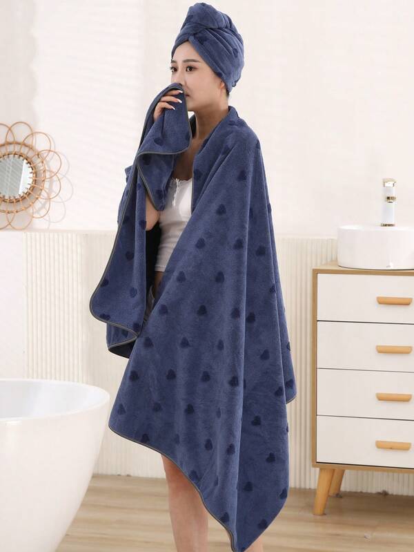 1 Set (Toalla de baño de 90*180cm + Gorro de baño de 25*65cm) Juego de toallas con patrón de corazón de pareja, extra grandes y absorbentes, para salón de belleza, hotel, deportes, esenciales del hogar, toalla, cuidado de la piel