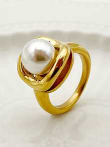 Mazuer 1pc 18K Gold Plated Stainless Steel Vintage Luxury Elegant Pearl Ring, Fashion Accessory For Women, Suitable For Daily Wear, Parties, Gatherings, Festivals, Gift - Gold - View 5