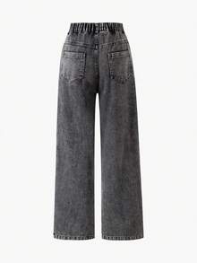 بنطلون جينز بساق مستقيمة للمراهقات مع جيوب حقيقية وخصر مطاطي، غسيل متهالك، مناسب للارتداء اليومي والخارجي - الأسود - مشاهدة 2