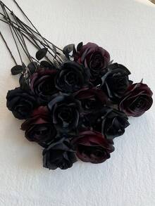 6/10pcs Black Artificial Silk Flowers, Artificial Rose Bouquet Suitable For Halloween Party, Dark Style Decor, Wedding Decoration, Bridal Backdrop Props, Bouquets, Corsages, Wristbands, Wedding Arches, Party Decorations - Black - View 8