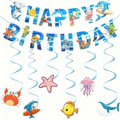 Shark Themed Birthday Party Decoration Set, Blue Decorations Orange Happy Birthday Banner And Cute Shark Pattern Hanging Swirl For A Fun And Exciting Birthday Celebration, Party Supplies, Home Decor