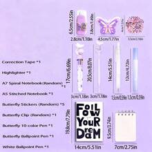 1 Piece Butterfly Stationery Set, Essential For Learning And Activities., Correction Tape *1, Highlighter *1 ,A7 Spiral Notebook *1, A5 Stitched Notebook *1, Butterfly Stickers *5, Butterfly Clip *1, Butterfly 1,0-Color Pen *1 ,Butterfly Ballpoint Pen *1. White Ballpoint Pen *1(CoIor,Random) - Multicolor - View 6