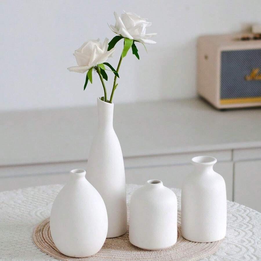 White Ceramic Vase Set Of 4 Classic Matte Vases Home Decorations For Table Shelf Office Decor White - 白色套裝4 - 查看 1