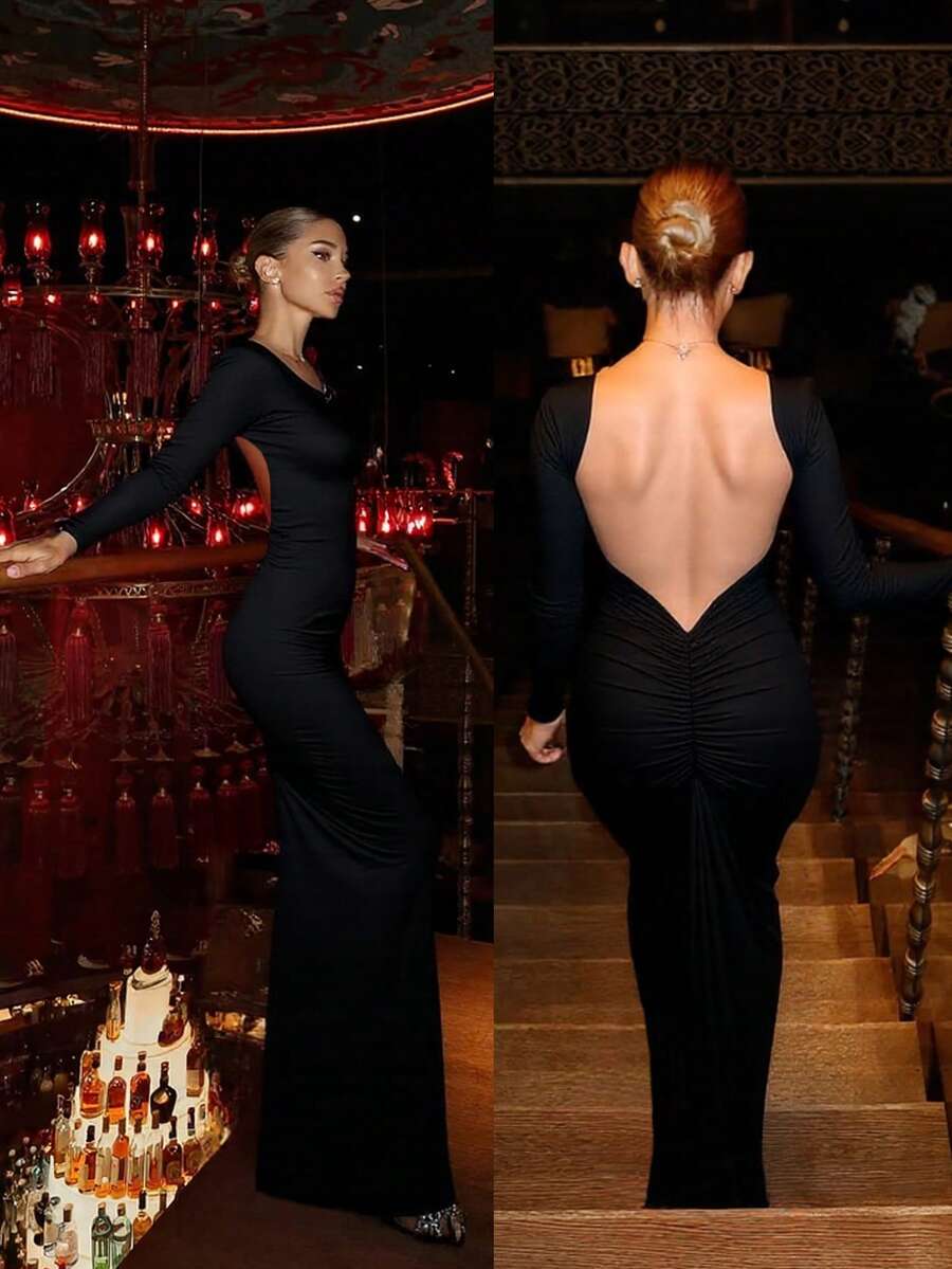 Basrey New Elegant Black Round Neck Long Sleeve Backless Fitted Pleated Dress, Wrap-Around Hip Design, Fishtail Hem, Formal Gown, Perfect For Cocktail Party, Ball, Formal Dinner - Black - View 1