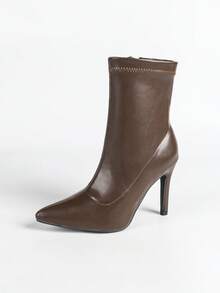 女士时尚性感百搭棕色尖头侧拉链细高跟踝靴，舒适百搭，适合派对、户外活动和日常穿着，10厘米高跟，秋冬季，酒红色鞋跟 - 棕色 - 查看 7