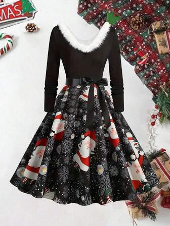 圣诞节毛领连衣裙，圣诞老人和雪花印花 V 领长袖 A 字裙，配丝带