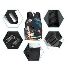 宇航员图案印花16英寸背包三件套（单层背包+小挎包+单层笔袋） - 黑色 - 查看 6