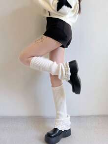 زوج من دفايات الساق للنساء للخريف/الشتاء، تصميم مخطط عمودي مخطط مرقع مفرود