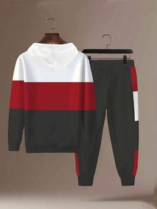 2pcs Cartoon Print Plus Size Men's Contrast Color Print Hoodie Sweatshirt And Sweatpants Casual Tracksuit Set, Suitable For Outdoor Activities And Sports In Spring And Autumn - Rose Red - View 3