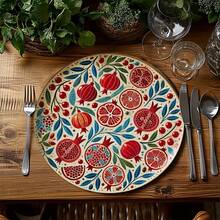4Pce Set, Spring Red Pomegranate Placemats, Round Table Mats For Home Decor, Wear-Resistant, Good Wrinkle Resistance, Strong Heat Resistance, Exquisite Printing, Suitable For Everyday Use, Holidays, Kitchen, Banquets, And Party Tables - 01 - View 1
