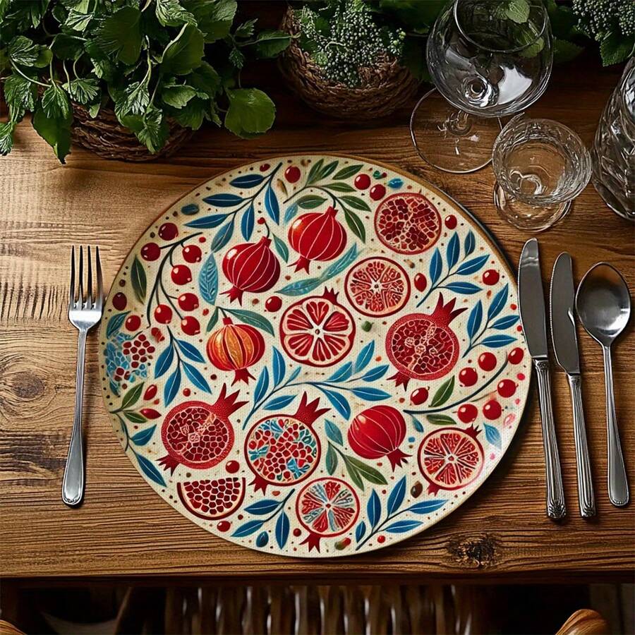 4Pce Set, Spring Red Pomegranate Placemats, Round Table Mats For Home Decor, Wear-Resistant, Good Wrinkle Resistance, Strong Heat Resistance, Exquisite Printing, Suitable For Everyday Use, Holidays, Kitchen, Banquets, And Party Tables - 01 - View 1