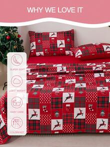 Juego de sábanas de 3/4 piezas con estampado de renos y calcetines navideños a cuadros, con una sensación suave como una nube, resistente a las arrugas y al encogimiento, que incluye 1 sábana plana + 1 sábana ajustable + 1/2 fundas de almohada, sábana de bolsillo profundo, para camas de todos los tamaños, certificado Oeko-Tex