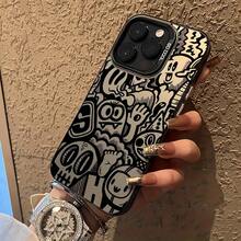 携帯電話ケース - 鮮やかな黒色のカートゥーングラフィティデザインの携帯電話ケース、17、16、15、14、13、12、11、Plus、Pro、Pro、17Air、S25、S24 Plus、S23、S22 Ultra、FEに対応。この光る携帯電話ケースは発光し、猫の模様が入っており、長方形のデザインを採用しています。 DJU3 - 半透明の黒 - チェックする 4