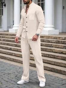 2pcs Men's Casual Solid Color Collared Shirt With Pockets + Pants Set, Lightweight Sporty Vacation Outfit For Spring/Autumn - Màu Khaki - Xem 1