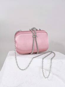 1pc Elegant Satin Box Clutch Bag, Luxury Sparkling Crystal Decor Chain, Refined Pink Formal Party Handbag, Suitable For Balls, Parties, Banquets, Birthday Gatherings, Also Can Be Used As Bridal Clutch Gift
