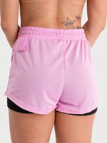 2 Women's Double Gym Shorts With Pocket Bermuda Shorts For Training, Walking And Other Sports - Black+Pink - View 10