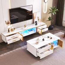 TV Schrank em Mamoroptik, Fernsehschrank com 4 Füßen, 4 Estruturas Schubladen com Goldenen Griffen und zwei Brown Türen aus Gehärtetem Glas, Modernes TV-Lowboard für Wohnzimmer, 170*37*47,5cm - Branco - Ver 4