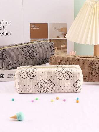 1pc Vintage Corduroy Flower Pencil Case With A Smooth Zipper, Easy To Glide, For Stationery Storage, Large Capacity, Portable Storage, Desktop Storage Pencil Case, Clutch Storage Pencil Case, Office Supplies, Student Supplies, As A Birthday Gift, Everyday Gift, Surprise Gift, Bridesmaid Gift.