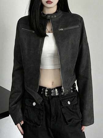 Short Biker Jacket - Vintage Faux Suede, Minimalist Moto Style, Zipper Pockets, Perfect For Layering Street Style