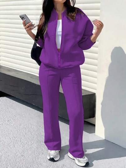 两件套休闲纯色卫衣外套上衣和直筒裤套装，柔软抓绒面料，适合春、秋、冬季穿着。