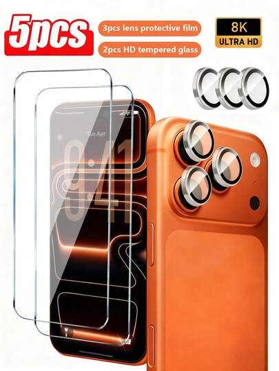 Juego de 5 en 1: 2 protectores de pantalla de vidrio templado HD + 3 protectores de lente transparentes, adecuado para iPhone 11/12/13/14/15/16/16 Plus/16 Pro/16 Pro Max/16e/17/17 Air/17 Pro/17 Pro Max, doble protección, anti-arañazos, accesorios de protección de pantalla de teléfono móvil, transparente