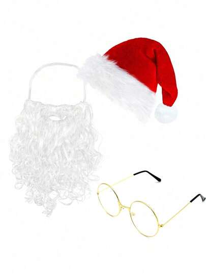 Set de 3 piezas: Gorro de Papá Noel, Barba, Gafas - Disfraz para fiesta de Navidad, Decoración de traje de Papá Noel, Máscara de barba de Papá Noel para cosplay, Adecuado para Año Nuevo, Unisex