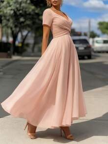 Solid Color Elegant Criss-Cross Zipper Bridesmaid Dress - Pink - View 3