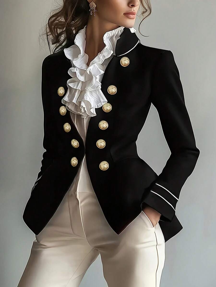 Blazer elegante y versátil de unicolor con botones y bolsillos, talla grande, color negro, para primavera - Negro - Ver 1