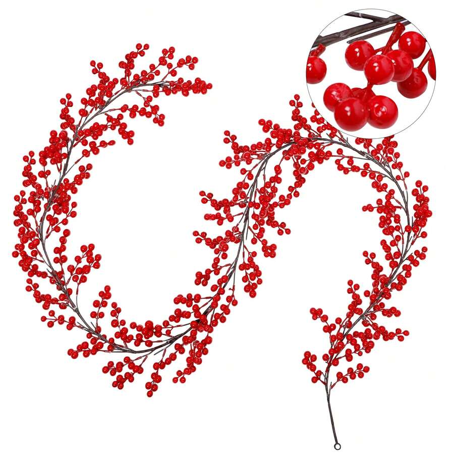 1pc Red Berry Wreath, Flexible Artificial Vine, Winter Berry Wreath, Suitable For Decorating Christmas Trees, Windows, Doors, Fireplaces, Can Be Hung Indoors And Outdoors, Christmas Tree Decoration, Christmas Wreath - Multicolor - View 1