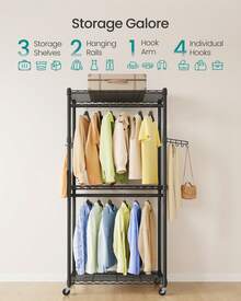 SONGMICS Heavy-Duty Rolling Clothes Rack, Garment Rack, Portable Closet, 29.5-Inch Wide Clothing Rack On Wheels, With Adjustable Mesh Shelves And Hanging Rails, Hooks - Black - View 4