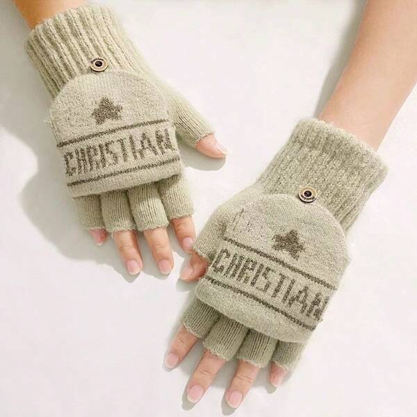 2025 Nouveau style - 1 paire de gants à motif d'étoiles et de lettres jacquard scintillants, style à doigts mi-couverts rabattables, convenant à l'automne et à l'hiver. Mode, confortable, doux et chaud. Design de gants épais à doigts exposés pour les activités décontractées, l'écriture, les fêtes, les mariages, les vacances, l'intérieur et l'extérieur, les sorties, l'école, les sports. Excellent accessoire pour Noël et l'Action de grâce. Gants de neige