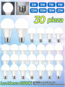 Paquete de 6/10/20/30/50 Bombillas LED, 300-2100 Lumens y 6500K-3W,5W,7W,9W,12W,15W,18W,21W con base E27y 6500K Luz blanca, luz LED de 1500 lm, equivalente a 100 W, casquillo medio E27, no regulables,Detector de Movimiento Automático para Patio, Pasillo, Cochera, Entrada - 30 - Ver 1
