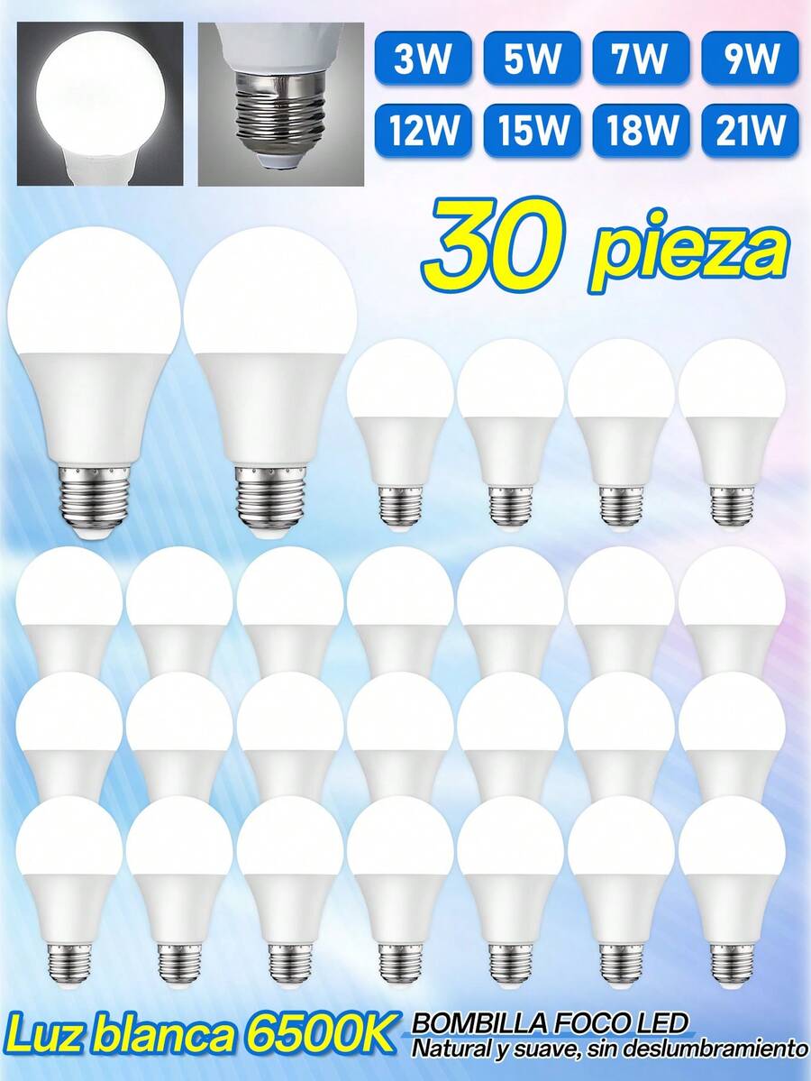 Paquete de 6/10/20/30/50 Bombillas LED, 300-2100 Lumens y 6500K-3W,5W,7W,9W,12W,15W,18W,21W con base E27y 6500K Luz blanca, luz LED de 1500 lm, equivalente a 100 W, casquillo medio E27, no regulables,Detector de Movimiento Automático para Patio, Pasillo, Cochera, Entrada - 30 - Ver 1