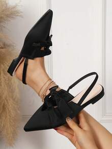 Black Pointed Toe Bowknot Lace-Up Low Heel Mule Sandals, New 2025 Summer - Black - View 8