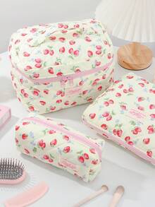 1 قطعة/مجموعة حقيبة مكياج ذات سعة كبيرة بطبعة فراولة جميلة، حقيبة مستحضرات تجميل محمولة باليد، حقيبة تخزين نظارات من قماش ناعم مبطن بتصميم مبطن مع إغلاق بزر للسفر - أصفر - مشاهدة 18