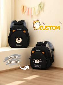 1pc Mini Casual Multipurpose Black & Brown Backpack With Cute Cartoon Bear Print And Nylon Zipper Closure. This Latin Dance And Fitness Backpack Is Customizable. Custom Packaging Can Add Personal Name Or Holiday Greetings. Customizable With Name, Letter, Lucky Number, Etc. Suitable For Travel, Outings, Dancing, Workout, Birthday Gift, Souvenir Bag, Back To School, Christmas And New Year. - Brown - View 1