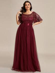 EVERPRETTY 大碼飛袖亮片網紗舞會連衣裙