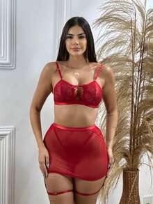 Fantasia Sensual Indecente sem Bojo no Tule Com Saia e Persex Simples Costas nuas / sem costas Detalhe da taça Nó borboleta - Vermelho - Visão 8