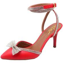 Women's Thin Heel Sandal With Rhinestones And Bow - Red - View 3