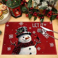 (¡¡¡Caliente!!!) 1/4/6 piezas Manteles individuales de lino rojo con escena navideña, decoración de mesa de cocina familiar de estilo rústico para Navidad y vacaciones de invierno.