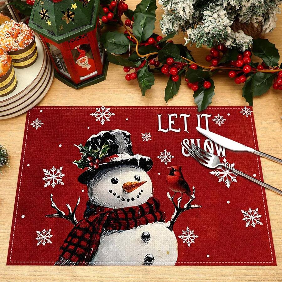 (¡¡¡Caliente!!!) 1/4/6 piezas Manteles individuales de lino rojo con escena navideña, decoración de mesa de cocina familiar de estilo rústico para Navidad y vacaciones de invierno.