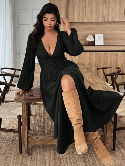 Vestido largo de manga abullonada con cuello en V profundo y dobladillo dividido, estilo urbano chic talla grande, para fiesta de graduación, atuendo de maestra, vestido de invitada de boda, vestido de cumpleaños, atuendo de otoño e invierno, Halloween