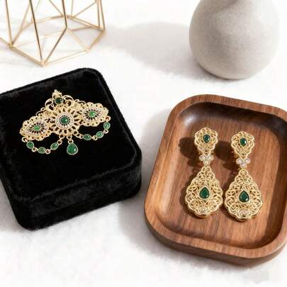 Vintage Palace Style Golden Green Gemstone Jewelry Set, Filigree Brooch & Earrings, Luxury Party Jewelry 2 Pieces Shiny Bohemian Zinc Alloy