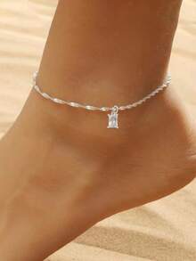 2pcs Fashionable High-End Double-Layer Stainless Steel Square Copper Inlaid Sunburst Zirconia Pendant Anklet Set