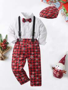 BOARNSEORL Conjunto de 3 peças para bebê menino estilo cavalheiro - Camisa branca com laço, calça xadrez vermelha com estampa de flocos de neve e suspensórios, e chapéu. Elegante e versátil para uso diário, Natal, casamentos, aniversários e festas. - Vermelho - Ver 3