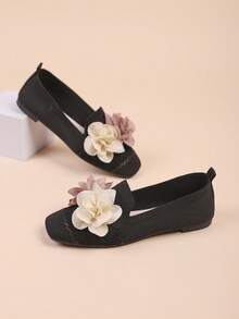 New Plus Size Women's Floral Slip-On Flat Loafers, Versatile Square Toe Soft Bottom Knitted Fabric Shoes - Black - View 7