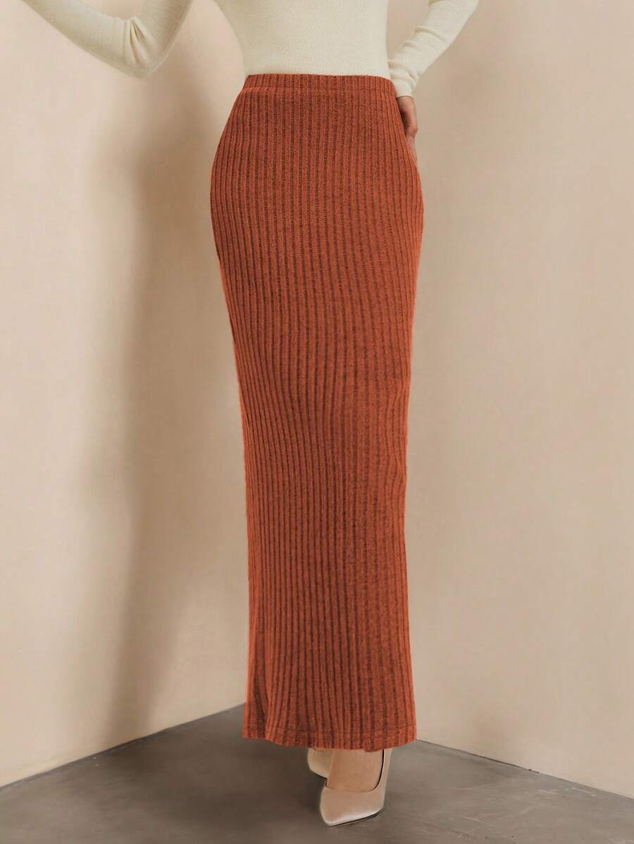 优雅女士纯色罗纹休闲修身长裙 - 橘色 - 查看 1
