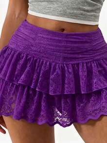 Women's Summer Lace Floral Skirt High Rise Tiered Ruffled Flowy Short Mini A Line Skirt Streetwear - 深紫色 - 查看 1